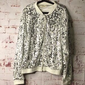 Anna-kaci White Bomber Jacket with Silver Sequin Size XXL ptp 26"